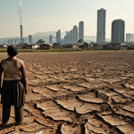 **Climate Injustice and Asymmetry:**
    A poignant image illustrating the stark contrast between climate culprits and victims. On one side, a thriving, futuristic metropolis with abundant energy consumption, its skyline dominated by brightly lit skyscrapers and advanced infrastructure. On the other, a desolate, parched landscape in a Latin American rural community, depicting a small group of people, faces etched with hardship, struggling amidst a drought-stricken field. The visual emphasizes the profound asymmetry of responsibility and consequences, where those who least contributed to the crisis bear its heaviest burden.