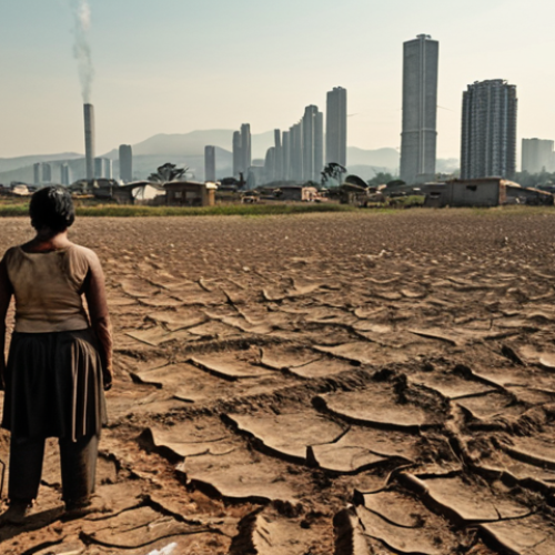 Home 24 **Climate Injustice and Asymmetry:**
A poignant image illustrating the stark contrast between climate culprits and victims. On one side, a thriving, futuristic metropolis with abundant energy consumption, its skyline dominated by brightly lit skyscrapers and advanced infrastructure. On the other, a desolate, parched landscape in a Latin American rural community, depicting a small group of people, faces etched with hardship, struggling amidst a drought-stricken field. The visual emphasizes the profound asymmetry of responsibility and consequences, where those who least contributed to the crisis bear its heaviest burden.