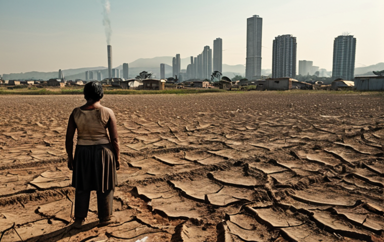 **Climate Injustice and Asymmetry:**
A poignant image illustrating the stark contrast between climate culprits and victims. On one side, a thriving, futuristic metropolis with abundant energy consumption, its skyline dominated by brightly lit skyscrapers and advanced infrastructure. On the other, a desolate, parched landscape in a Latin American rural community, depicting a small group of people, faces etched with hardship, struggling amidst a drought-stricken field. The visual emphasizes the profound asymmetry of responsibility and consequences, where those who least contributed to the crisis bear its heaviest burden.