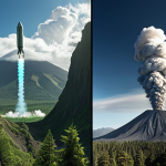 **A split image**: On one side, a dramatic depiction of stratospheric aerosol injection (SAI) with planes releasing aerosols against a backdrop of a volcanic eruption. On the other side, a direct air capture (DAC) facility with futuristic technology extracting CO2 from the air, set against a lush green forest symbolizing carbon storage. The overall tone is thought-provoking and slightly dystopian, highlighting both the potential and the risks of geoengineering.