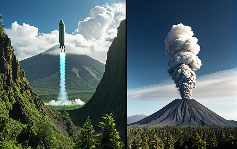 **A split image**: On one side, a dramatic depiction of stratospheric aerosol injection (SAI) with planes releasing aerosols against a backdrop of a volcanic eruption. On the other side, a direct air capture (DAC) facility with futuristic technology extracting CO2 from the air, set against a lush green forest symbolizing carbon storage. The overall tone is thought-provoking and slightly dystopian, highlighting both the potential and the risks of geoengineering.