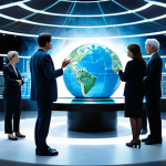A diverse group of professional individuals, including scientists, diplomats, and civil society representatives, fully clothed in modest business attire, gathered around a large, futuristic holographic globe table in a modern, well-lit international conference room. The atmosphere conveys a serious discussion about global climate initiatives. One part of the holographic display shows clear, detailed data, while another part is subtly obscured or veiled by a translucent, almost ethereal digital fog, symbolizing a lack of transparency in crucial information. The figures are engaged in natural poses, with well-formed hands and proper finger count, reflecting a complex dialogue. Perfect anatomy, correct proportions, safe for work, appropriate content, professional, high-quality detailed professional photography, natural body proportions.