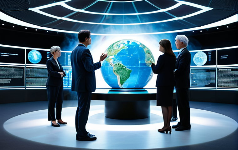 A diverse group of professional individuals, including scientists, diplomats, and civil society representatives, fully clothed in modest business attire, gathered around a large, futuristic holographic globe table in a modern, well-lit international conference room. The atmosphere conveys a serious discussion about global climate initiatives. One part of the holographic display shows clear, detailed data, while another part is subtly obscured or veiled by a translucent, almost ethereal digital fog, symbolizing a lack of transparency in crucial information. The figures are engaged in natural poses, with well-formed hands and proper finger count, reflecting a complex dialogue. Perfect anatomy, correct proportions, safe for work, appropriate content, professional, high-quality detailed professional photography, natural body proportions.