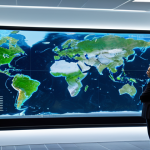 A professional, focused person in a modest business suit, standing in a high-tech, modern conference room or climate research center, looking thoughtfully at a large holographic display. The display on one side shows abstract visualizations of large-scale climate engineering concepts, such as subtle atmospheric modification or conceptual carbon capture structures. On the other side, images representing thriving natural ecosystems, extensive reforestation projects, and efficient renewable energy farms are visible. The lighting is clean and futuristic, with a subtle warm glow on the nature-based solutions side. The image is a professional photograph, hyperrealistic and detailed, fully clothed, appropriate attire, professional dress, safe for work, appropriate content, professional, perfect anatomy, correct proportions, natural pose, well-formed hands, proper finger count, natural body proportions, high quality, cinematic lighting.
