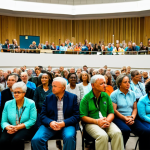 **

A diverse group of concerned citizens at a town hall meeting discussing climate change solutions, including geoengineering. The scene is a brightly lit community center, with charts and graphs visible in the background. Everyone is fully clothed in appropriate attire. Focus on the expressions of concern and engagement. safe for work, appropriate content, fully clothed, professional, perfect anatomy, correct proportions, natural pose, well-formed hands, proper finger count, natural body proportions.

**
