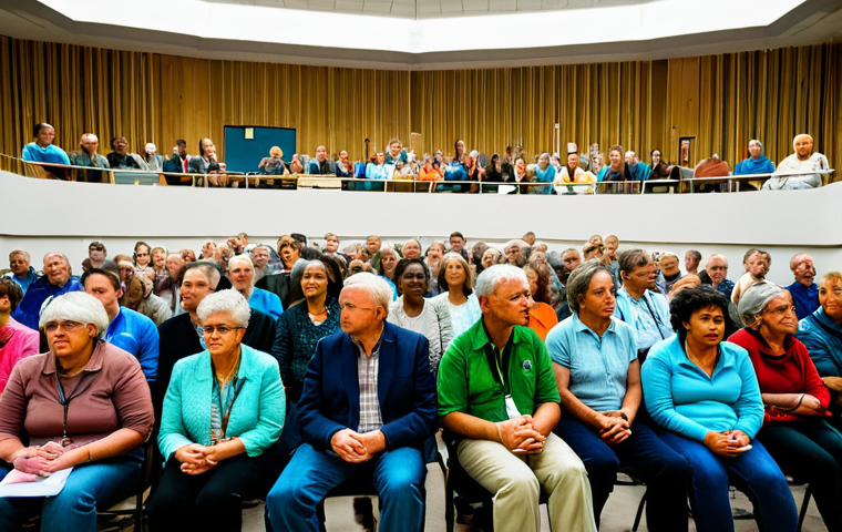 **
A diverse group of concerned citizens at a town hall meeting discussing climate change solutions, including geoengineering. The scene is a brightly lit community center, with charts and graphs visible in the background. Everyone is fully clothed in appropriate attire. Focus on the expressions of concern and engagement. safe for work, appropriate content, fully clothed, professional, perfect anatomy, correct proportions, natural pose, well-formed hands, proper finger count, natural body proportions.
**