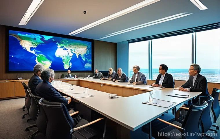 기후 엔지니어링의 윤리적 분석 기법 - **Prompt:** A diverse group of global leaders, scientists, and indigenous community representatives,...