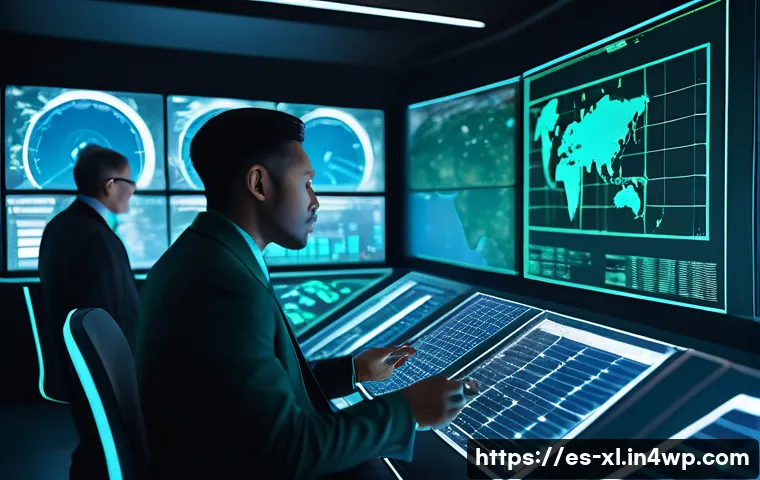 기후 엔지니어링의 복잡한 문제와 윤리적 해결책 - A highly detailed, cinematic shot of a futuristic climate control center. Scientists, diverse in age...
