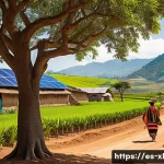 Home 16 기후 변화 완화와 윤리적 딜레마 - A vibrant rural Latin American landscape showcasing a large solar farm with rows of solar panels str...
