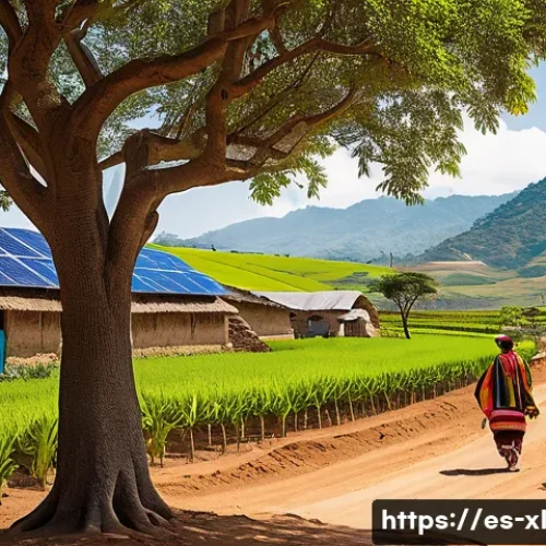 Home 28 기후 변화 완화와 윤리적 딜레마 - A vibrant rural Latin American landscape showcasing a large solar farm with rows of solar panels str...