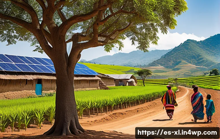 기후 변화 완화와 윤리적 딜레마 - A vibrant rural Latin American landscape showcasing a large solar farm with rows of solar panels str...