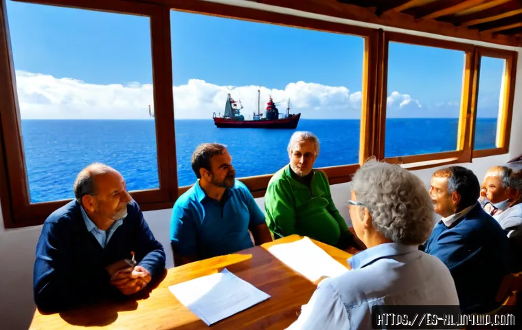 기후 엔지니어링의 사회적 책임 - Photorealistic wide-angle scene of a diverse Spanish-speaking coastal city community meeting about c...