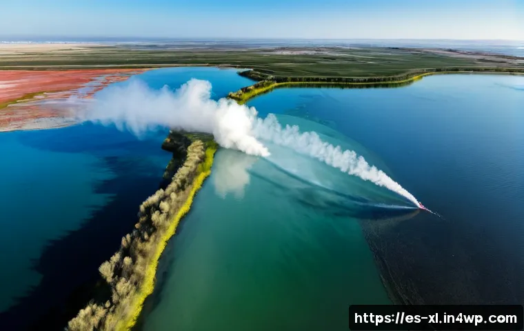 Home 17 기후 엔지니어링과 생태적 영향 - Photorealistic wide aerial view of a Mediterranean coastal wetland in southern Spain, a climate engi...