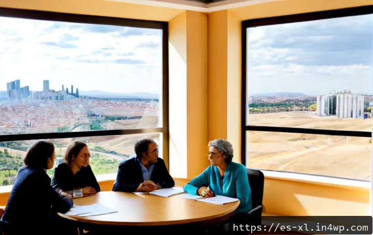 기후 엔지니어링의 공공 정책과 윤리 - Photorealistic public policy consultation on climate engineering in a modern civic hall in Madrid, S...